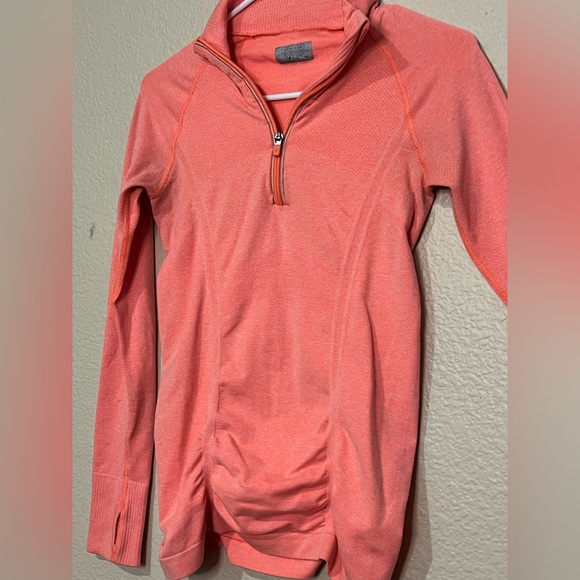 Athleta Fast Track Half Zip Coral Sizzle Ruched Long Sleeve Athletic Top XS - Picture 3 of 8